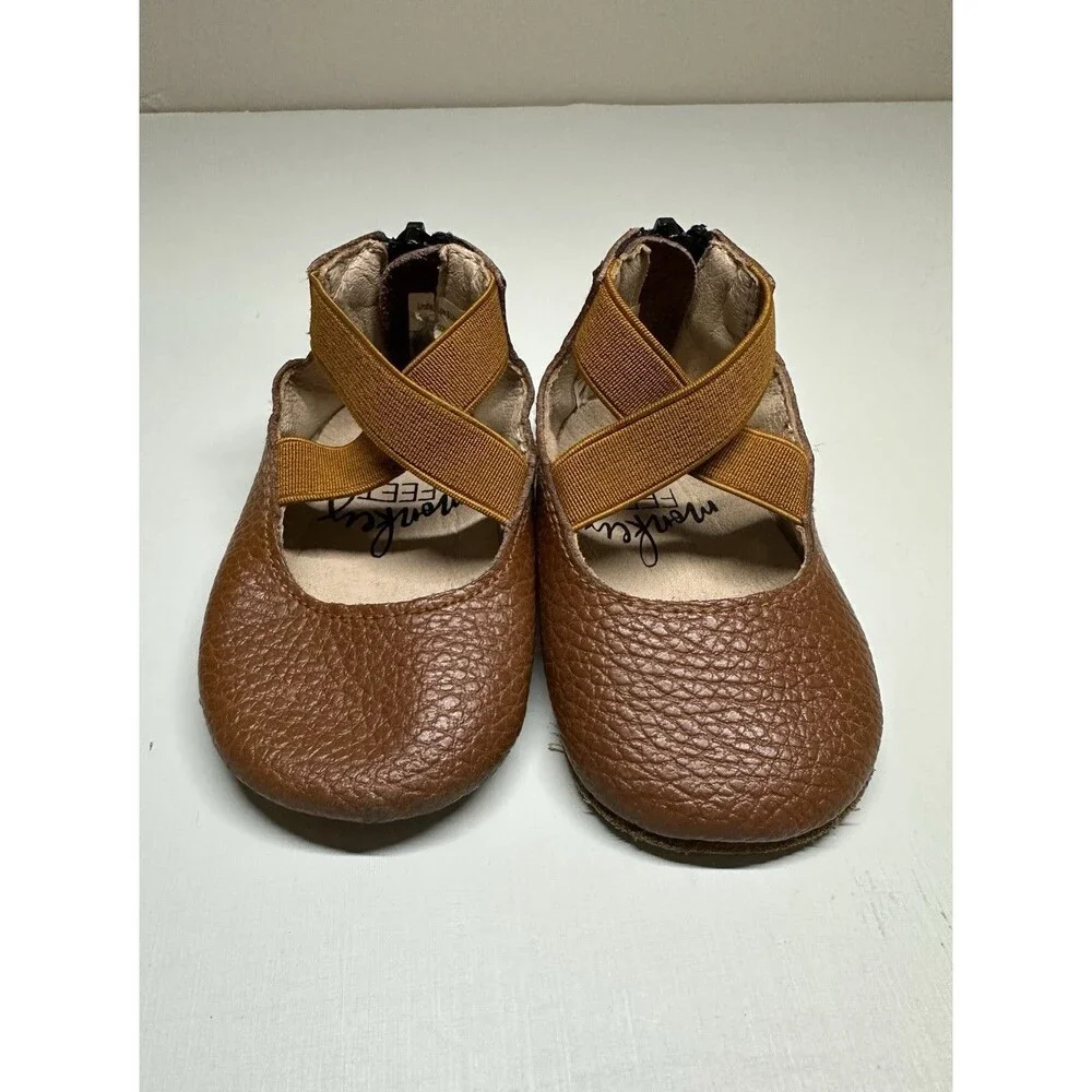 Monkey Feet Zip Up Stretch Strap Ballet Flats Baby Girl Size 3-6m‎ Brown Leather